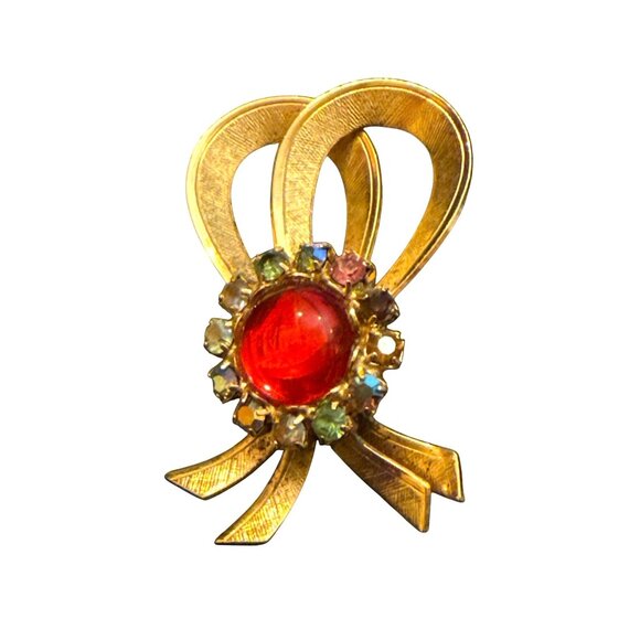 Vintage Jelly Belly Red Rhinestone Bow Brooch Pin Gold-Tone Metal With Multicolo - Picture 3 of 9